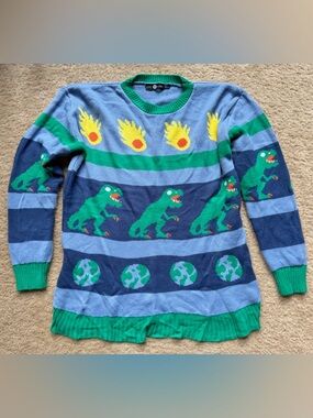 ModCloth Daisy Street Dinosaur & Meteor Stripe Sweater in Blue & Green